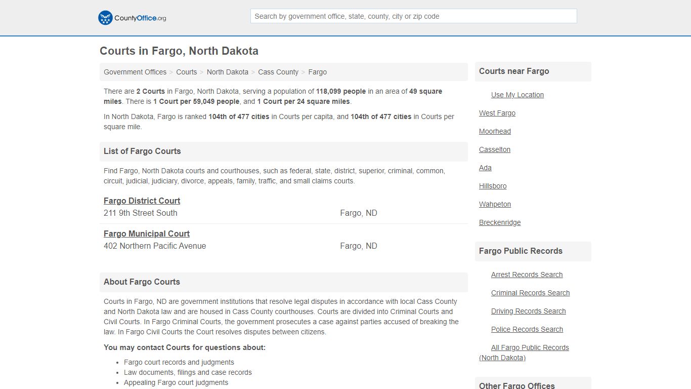 Courts - Fargo, ND (Court Records & Calendars) - County Office